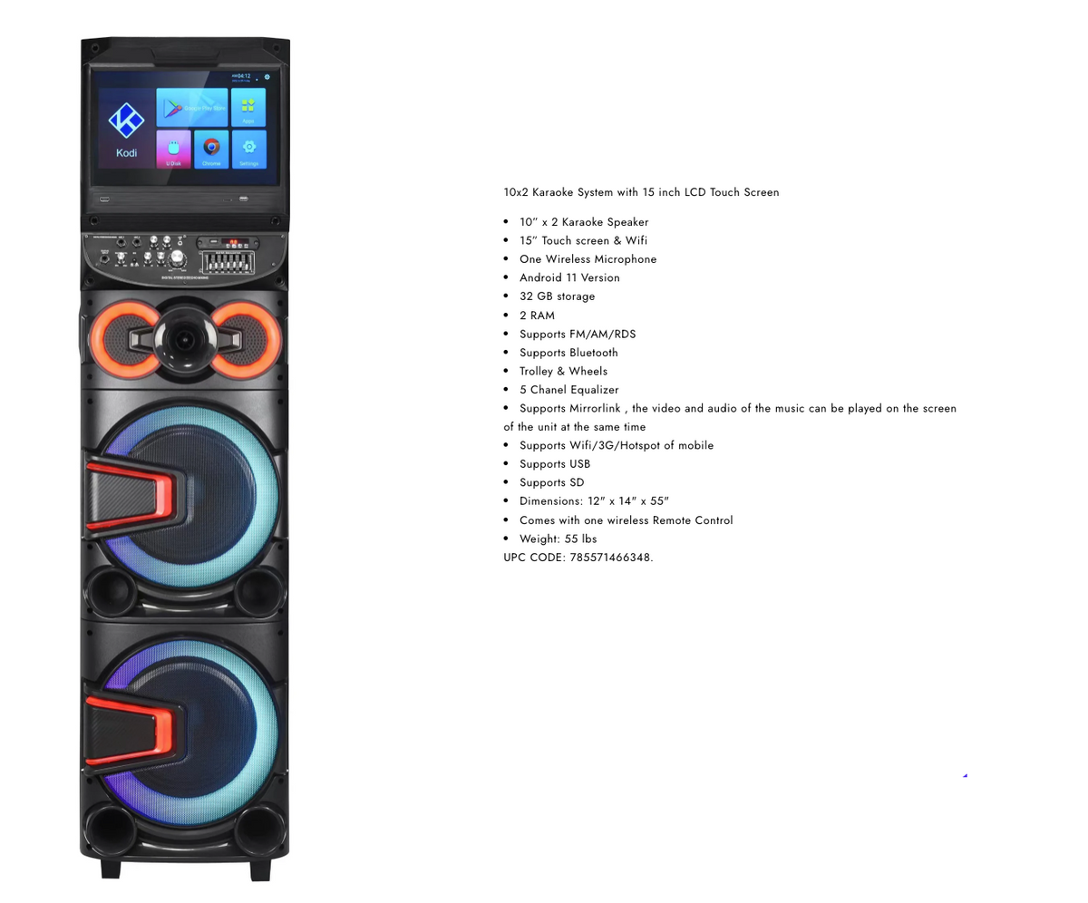 10"x 2 Karaoke System with 15 inch LCD Touch Screen